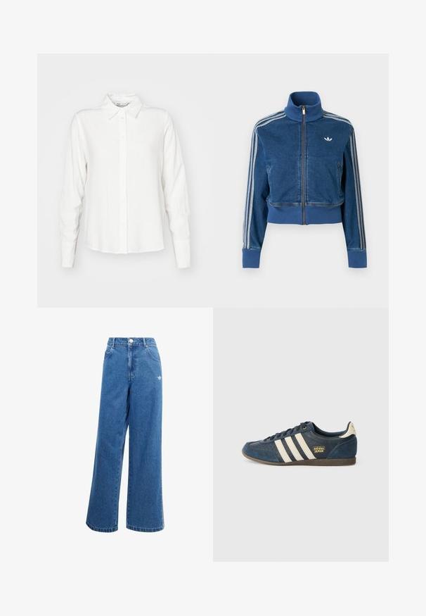 Plava teksas jakna na patentni zatvarač s visokim ovratnikom, rebrastim manšetama i tri bijele pruge duž rukava. Na prsima je mali logo.; Bijela košulja dugih rukava s gumbima i ovratnikom, napravljena od glatkog materijala; ima ravni kroj i suptilnu teksturu.; Široke plave traperice s visokim pojasom, prednjim džepovima i malim bijelim logom na bokovima. Blago izblijedjela tekstura.; Tamno plavi nubuk patikama s kremastim prugama, teksturiranim prednjim dijelom, zlatnim "adidas JAPAN" logom i smešnim gumenim đonom. Klasičan dizajn s niskim profilom.