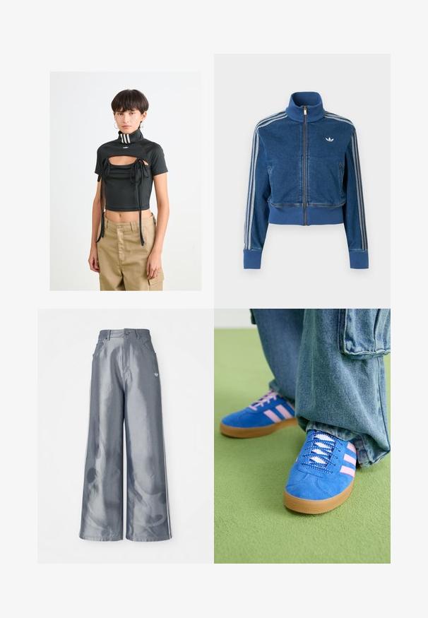 Zils džinsa josta jaka ar augstu apkakli, ribveida aprocēm un trim baltām svītrām gar piedurknēm. Uz krūtīm neliels logotips.; Sieviete ar īsiem tumšiem matiem, ģērbusies melnā īsajā blūzē ar izgriezumiem un saišu detaļām, krēmkrāsas biksēs un gredzenu auskariem uz vienkārša balta fona.; Platas kājas bikses no spīdīga pelēka materiāla, ar baltām sānu svītrām un liesmu rakstu apakšējā kāju daļā. Pogas un rāvējslēdzēja aizdare jostasvietā.; Zilas zamšādas kurpes ar rozā svītrām un baltām šņorēm, aprīkotas ar gumijas zoli, kopā ar brīvām džinsu biksēm uz zaļas virsmas.