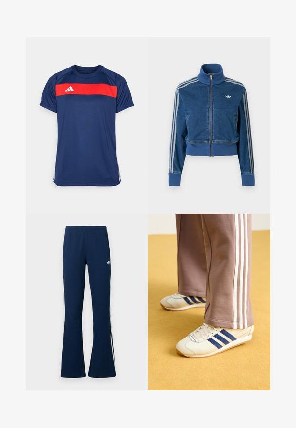 Jachetă din denim albastru cu fermoar, guler înalt, manșete striate și trei dungi albe de-a lungul mânecilor. Are un mic logo pe piept.; Tricou sportiv de culoare bleumarin, cu o dungă orizontală roșie pe piept și trei dungi albe pe mâneci. Materialul este neted și ușor.; Pantaloni sportivi evazați bleumarin cu dungi albe laterale și logo brodat pe partea stângă, prevăzuți cu două buzunare laterale.; Sneakers crem cu dungi din suede bleu, șireturi albe și talpă din cauciuc. Asortați cu pantaloni de trening gri cu dungi albe pe laterale.
