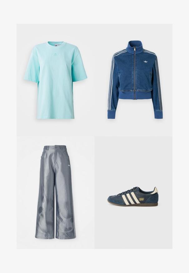 Blå denimjakke med glidelås, høy krage, ribbestrikkede mansjetter og tre hvite striper langs ermene. Har en liten logo på brystet.; Lyseblå, kortermet t-skjorte laget av bomull. Har rund halslinning og en liten logo detalj på brystet. Myk tekstur.; Vide benbukser i skinnende grå materiale, med hvide sidestriber og et flammemønster på de nederste ben. Knap- og lynlåslukning i taljen.; Marineblå suede sneakers med crèmefargede striper, teksturert tåområde, gylden "adidas JAPAN"-logo og en brun gummisåle. Klassisk lavtop-Design.