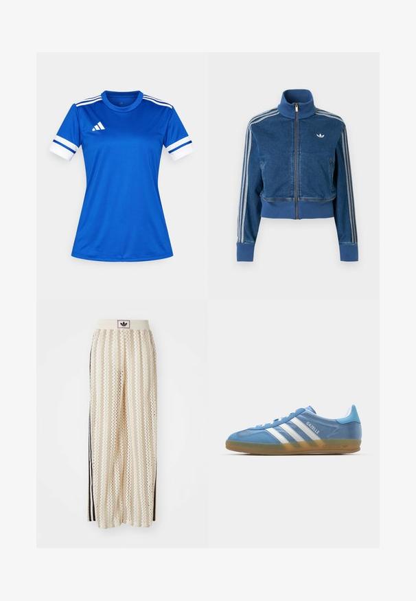 Sinine teksapesu lukuga jakk kõrge kraega, soonikkoes mansettide ja kolme valge triibuga varruka ääres. Rinnal on väike logo.; Sinine spordijerseys, mis on valmistatud siledast ja kergest kangast. Omab valgeid aktsente lühikestel varrukatel ja kolme horisontaalset triipu õlgadel.; Kreemivärvilised lai säärega püksid, millel on siksakmustrit, must logoga vööp ja külgmised mustad triibud. Kerge, tekstureeritud kangas.; adidas Originals GAZELLE INDOOR - Tossud - footwear white