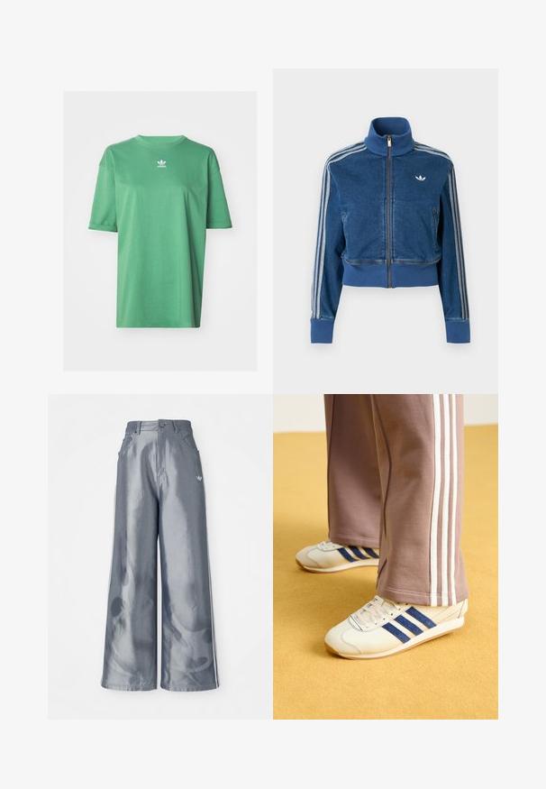 Chaqueta de mezclilla azul con cremallera, cuello alto, puños acanalados y tres rayas blancas a lo largo de las mangas. Cuenta con un pequeño logotipo en el pecho.; adidas Originals TEE - Camiseta básica - preloved green; Pantalones de pierna ancha en material gris brillante, con rayas laterales blancas y un patrón de llamas en la parte inferior de las piernas. Cierre con botón y cremallera en la cintura.; Zapatillas de crema con rayas de ante azul, cordones blancos y suela de goma. Combinadas con pantalones de chándal grises que presentan rayas laterales blancas.