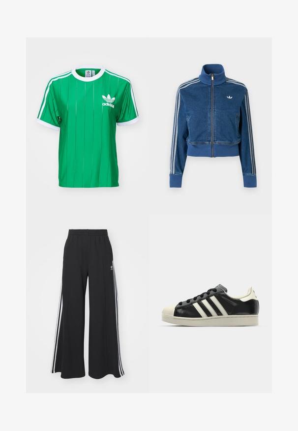 Blue denim zip-up jacket with high collar, ribbed cuffs, and three white stripes along the sleeves. Features a small logo on the chest.; Green Adidas t-shirt with vertical stripes, white accents, and crew neck. Features the Adidas logo on the left chest area.; Black wide-leg sweatpants with an elastic waistband, featuring white side stripes and an embroidered logo on the left thigh.; Black leather sneaker with white stripes, rubber toe cap, black laces, and a cream-colored outsole. Smooth texture with shiny finish.