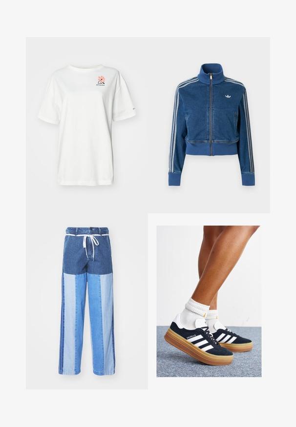 Blue denim zip-up jacket with high collar, ribbed cuffs, and three white stripes along the sleeves. Features a small logo on the chest.; White short-sleeve t-shirt made of cotton, featuring a pink floral design and a small black logo on the left chest area.; Blue denim pants featuring a patchwork design with varying shades of blue, a drawstring waist, and loose, straight-cut legs.; Black suede sneakers with white stripes and accents, rounded toe, gum rubber outsole, paired with white ribbed crew socks.