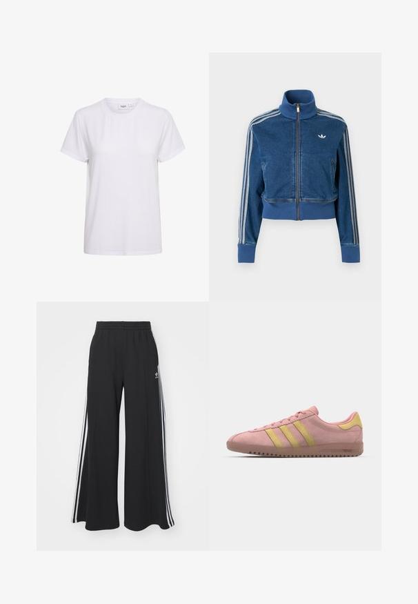 Jachetă din denim albastru cu fermoar, guler înalt, manșete striate și trei dungi albe de-a lungul mânecilor. Are un mic logo pe piept.; Tricou alb cu mânecă scurtă, realizat din bumbac moale. Dispune de un gât rotund și are un design simplu, fără cusături, fără decorațiuni sau modele.; Pantaloni de trening negri cu croială largă, prevăzuți cu un brâu elastic, având dungi laterale albe și un logo brodat pe coapsa stângă.; Tenisi roz din suède cu trei dungi galbene, vârf rotunjit și talpă din cauciuc texturat. Design de profil redus cu un guler căptușit.