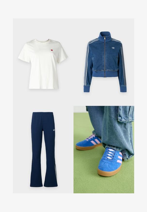 Sinine teksapesu lukuga jakk kõrge kraega, soonikkoes mansettide ja kolme valge triibuga varruka ääres. Rinnal on väike logo.; Valge puuvillane T-särk, millel on lühikesed varrukad ja ümmargune kaelus, vasakule rinnaosale on tikitud väike punane süda.; Tumesinised soonikkoes laienevad tracksuit-püksid valgete küljeribadega ja vasakul pool tikitud logoga, millel on kaks küljetaskut.; Sinised sametkingad roosade triipudega ja valgete paeltega, millel on kummist tallad, kombineeritud laia teksapükstega rohelisel pinnal.