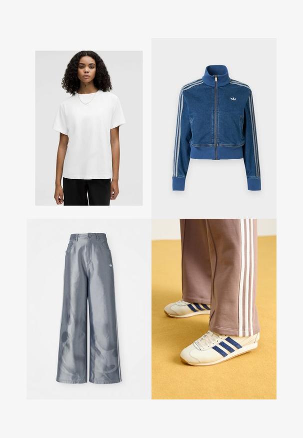 Blaue Jeansjacke mit Reißverschluss, hohem Kragen, gerippten Bündchen und drei weißen Streifen entlang der Ärmel. Verfügt über ein kleines Logo auf der Brust.; Weißes Baumwoll-T-Shirt mit lockerer Passform, kurzen Ärmeln und Rundhalsausschnitt. Glatte Textur, ohne Muster, getragen mit einer einfachen Halskette.; Weite Hose aus glänzendem grauem Material, ausgestattet mit weißen seitlichen Streifen und einem Flammenmuster an den Unterschenkeln. Knopf- und Reißverschlussverschluss an der Taille.; Cremfarbene Sneaker mit blauen Wildlederstreifen, weißen Schnürsenkeln und einer Gummisohle. Kombiniert mit grauen Jogginghosen mit weißen Seitenstreifen.
