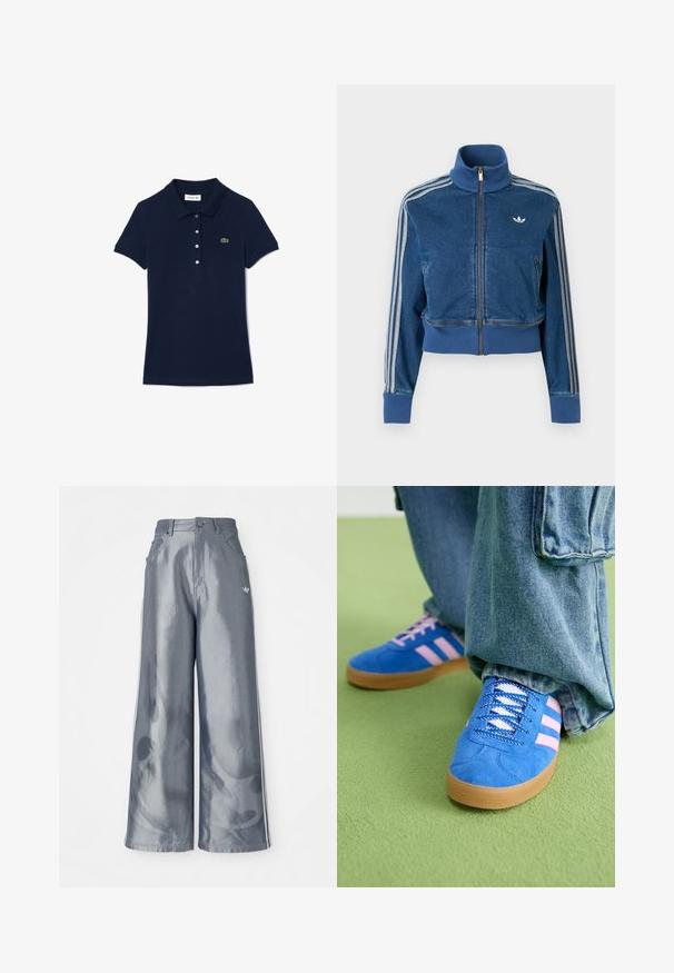 Blå denimjakke med lynlås, høj krave, ribstrikkede manchetter og tre hvide striber langs ærmerne. Har en lille logo på brystet.; Marineblå polo t-shirt i bomuld, med klassisk krave, korte ærmer og fem knapper. Lille grøn broderet logo på brystet.; Bredde benbukser i skinnende grå materiale med hvide sidelookstriber og et flammemønster på underbenene. Knap- og lynlåslukning i taljen.; Blå ruskindsko med pink striber og hvide snørebånd, med en sål af gummi, parret med løse denimbukser på en grøn overflade.