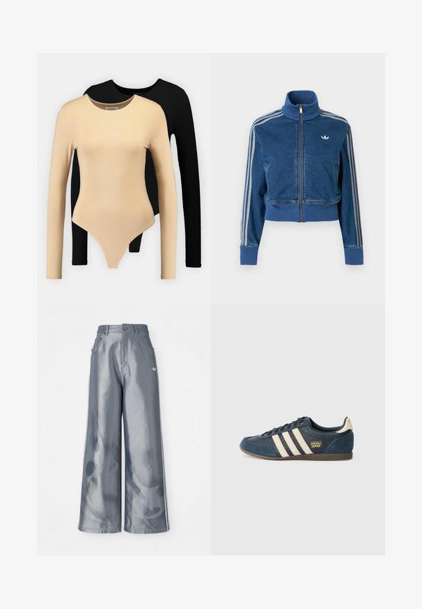 Blue denim zip-up jacket with high collar, ribbed cuffs, and three white stripes along the sleeves. Features a small logo on the chest.; Two long-sleeve bodysuits: one beige with a smooth texture and rounded neckline, the other black. Both feature a fitted design and thong cut.; Wide-leg pants in shiny gray material, featuring white side stripes and a flame pattern on the lower legs. Button and zipper closure at the waist.; Navy blue suede sneaker with cream stripes, textured toe area, golden "adidas JAPAN" logo, and a brown rubber sole. Classic low-top design.