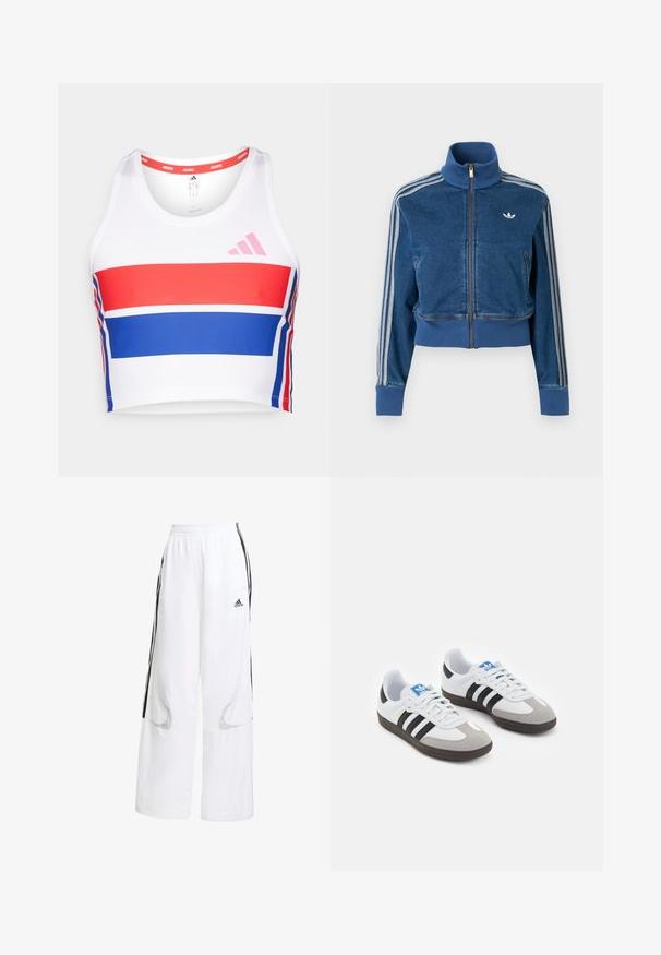 Blaue Jeansjacke mit Reißverschluss, hohem Kragen, gerippten Bündchen und drei weißen Streifen entlang der Ärmel. Verfügt über ein kleines Logo auf der Brust.; Verkürztes Sporttanktop in Weiß mit roten und blauen horizontalen Streifen. Verfügt über ein pinkes adidas-Logo, einen runden Ausschnitt und eine glatte Stofftextur.; Weiße Sporthose mit lockerer Passform, schwarzer Seitenstreifen, elastischem Bund und Mesh-Einschnitten für Belüftung.; Sportschuhe mit einem Obermaterial aus weißem Leder, grauer Wildleder-Zehenkappe und drei schwarzen Streifen. Sie verfügen über ein blaues Logo auf der Zunge und eine strukturierte Gummisohle.