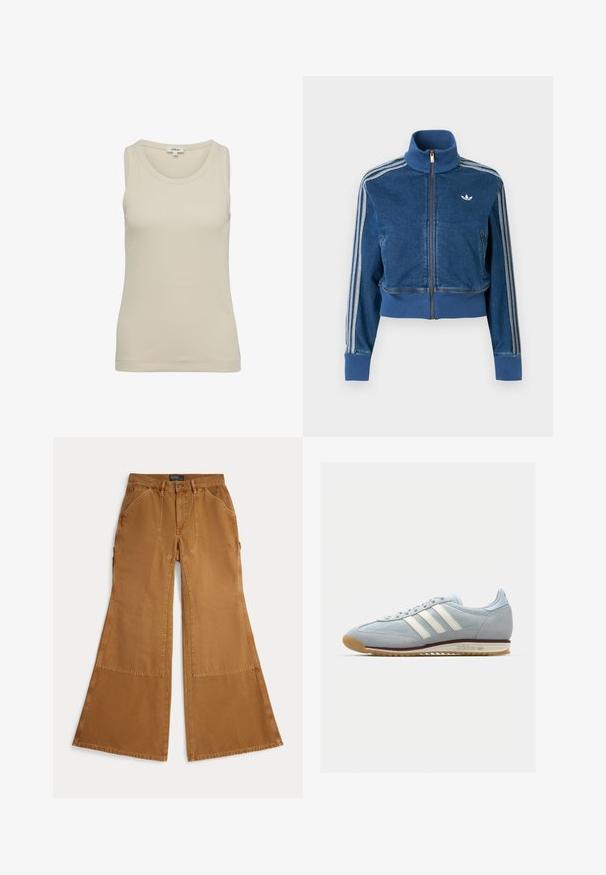Blaue Jeansjacke mit Reißverschluss, hohem Kragen, gerippten Bündchen und drei weißen Streifen entlang der Ärmel. Verfügt über ein kleines Logo auf der Brust.; Helles beiges Tanktop mit rundem Halsausschnitt und breiten Trägern. Hergestellt aus geripptem Stoff, zeichnet es sich durch ein einfaches, nahtloses Design aus.; Braune, weit geschnittene Baumwollhose mit aufgesetzten Details, Knopfverschluss und schrägen Taschen auf der Vorderseite. Glatte Textur, lässiges Design.; Hellblaue Wildledersneaker mit weißen drei Streifen, Gummisohle und strukturiertem Mesh. Verfügt über eine glatte Zehenkappe und Branding an der Ferse.