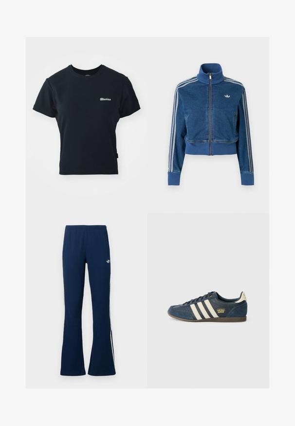 Zils džinsa josta jaka ar augstu apkakli, ribveida aprocēm un trim baltām svītrām gar piedurknēm. Uz krūtīm neliels logotips.; Melns kokvilnas T-krekls ar īsām piedurknēm, apaļu kakla izgriezumu un mazu baltu izšuvumu uz krūškurvja. Klasisks, piegulošs dizains.; Tumši zili riboti izplesti sporta bikses ar baltām sānu svītrām un izšūtu logotipu kreisajā pusē, tajās ir divas sānu kabatas.; Tumši zils zamšādas sporta apavi ar krēmkrāsas svītrām, teksturētu pirkstu zonu, zelta "adidas JAPAN" logo un brūnu gumijas zoli. Klasisks zema augstuma dizains.