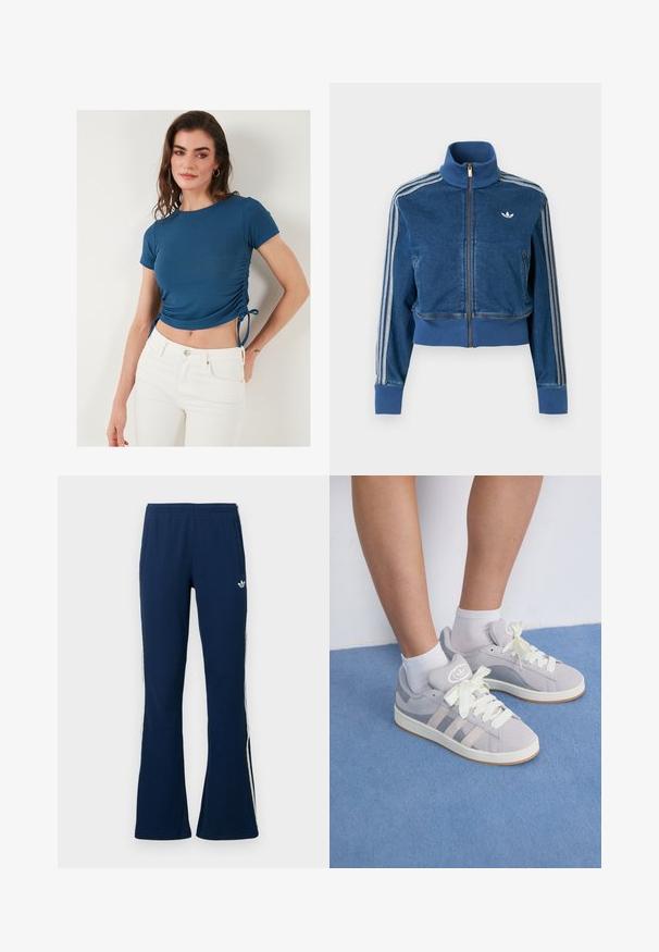 Sinine teksapesu lukuga jakk kõrge kraega, soonikkoes mansettide ja kolme valge triibuga varruka ääres. Rinnal on väike logo.; Sinine ribiga lühikeste varrukatega lühike topp, millel on reguleeritav külgmine rüüs ning sidumisnöörid. Kombineeritud valgete kõrge vöökohaga teksadega.; Tumesinised soonikkoes laienevad tracksuit-püksid valgete küljeribadega ja vasakul pool tikitud logoga, millel on kaks küljetaskut.; Hallid hallad südamega ketsid valgete paelte ja kummitaldadega, millel on külgedel kolm diagonaalset triipu ja sildiga logoga keele peal.