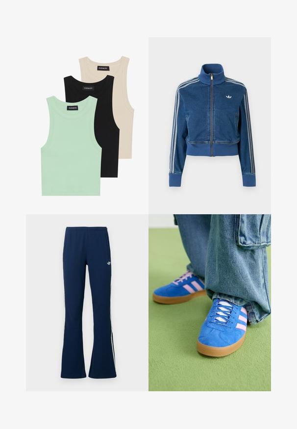 Blå denimjakke med lynlås, høj krave, ribstrikkede manchetter og tre hvide striber langs ærmerne. Har en lille logo på brystet.; Tre tank toppe i mintgrøn, sort og beige; lavet af ribbet stof med rund hals og uden ærmer. Mærket er synligt.; Marineblå ribstrikkede flare-træningsbukser med hvide sidelister og et broderet logo på venstre side, med to sidelommer.; Blå ruskindsko med pink striber og hvide snørebånd, med en sål af gummi, parret med løse denimbukser på en grøn overflade.