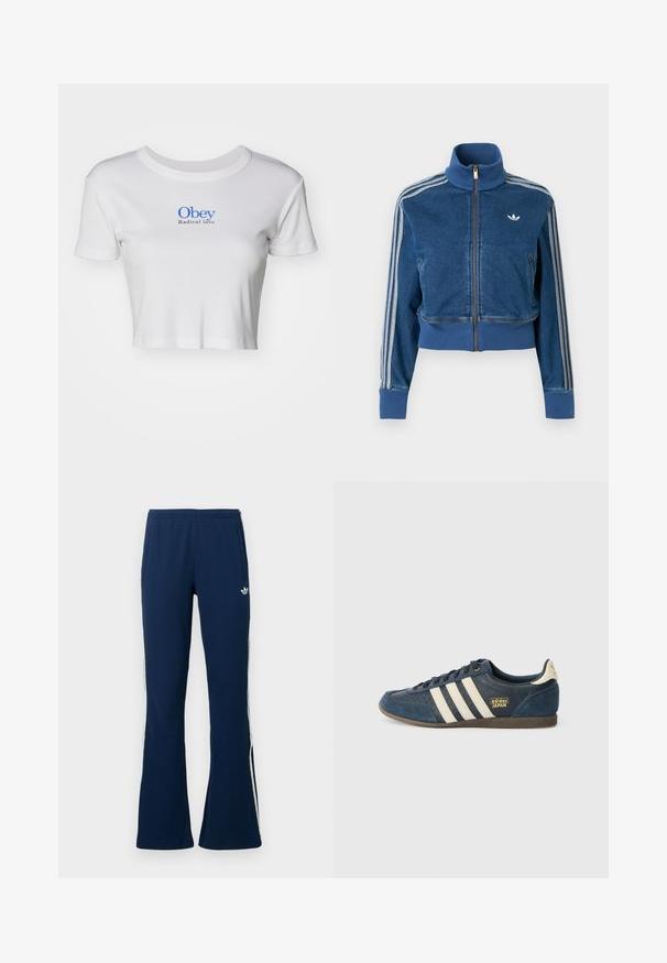 Zils džinsa josta jaka ar augstu apkakli, ribveida aprocēm un trim baltām svītrām gar piedurknēm. Uz krūtīm neliels logotips.; Balta īsā t-kreklā, kas izgatavota no ribotā auduma, ar zilu tekstu "Obey Radical love" uz krūtīm, apaļu kakla izgriezumu un īsām piedurknēm.; Tumši zili riboti izplesti sporta bikses ar baltām sānu svītrām un izšūtu logotipu kreisajā pusē, tajās ir divas sānu kabatas.; Tumši zils zamšādas sporta apavi ar krēmkrāsas svītrām, teksturētu pirkstu zonu, zelta "adidas JAPAN" logo un brūnu gumijas zoli. Klasisks zema augstuma dizains.