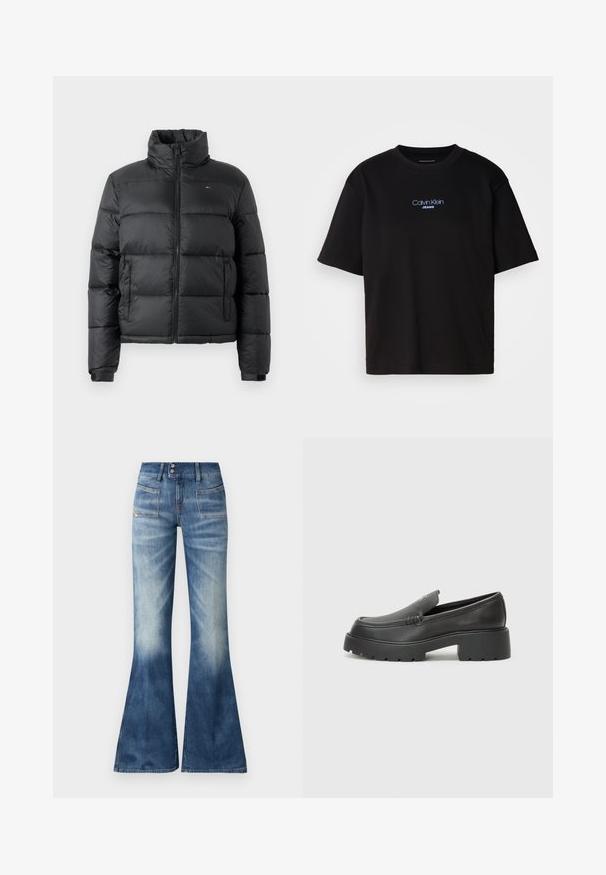 Chaqueta negra acolchada con cuello alto, cierre de cremallera frontal y dos bolsillos laterales. Presenta un diseño acolchado y puños elásticos para un buen ajuste.; Camiseta de algodón negra con cuello redondo, manga corta y el logotipo azul bordado de "Calvin Klein JEANS" en el frente.; Jeans de denim azul acampanados con un degradado de claro a oscuro, dos bolsillos frontales y un cierre de botón. Presenta una costura mínima y una textura suave.; Mocasines de piel negra con punta redondeada, suela texturizada gruesa y mínimos detalles de costura. Diseño elegante sin cordones o herrajes visibles.