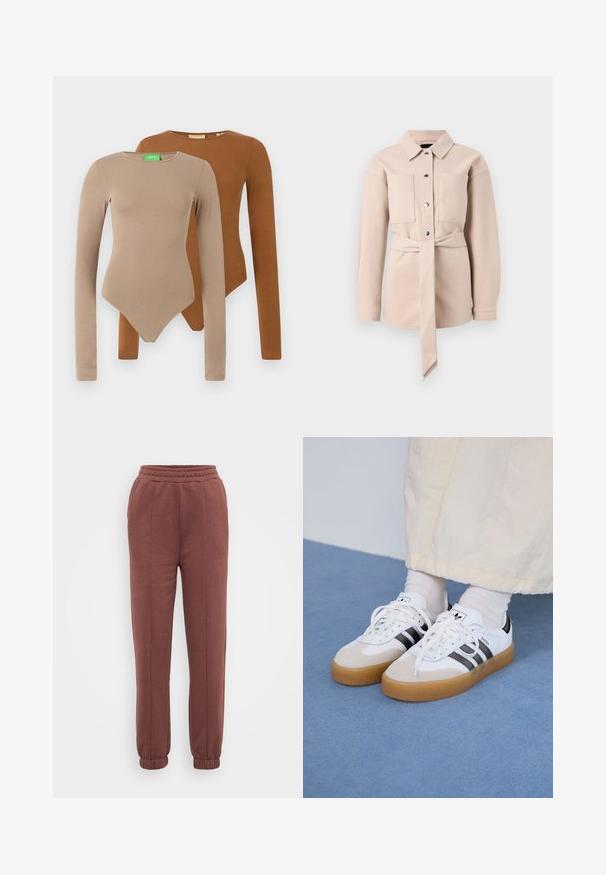Light beige belted shirt with a collared neckline, front button closure, two chest pockets, and long sleeves. Smooth texture, minimalist design.; Two long-sleeve fitted bodysuits with round necks, one beige and one brown, displayed overlapping on a white background.; Brown jogger pants with an elastic waistband, ribbed cuffs, smooth texture, and front seam detailing. Suitable for casual wear.; White sneakers with black stripes and beige suede accents. Feature a textured gum sole and flat white laces, worn with light-colored socks.