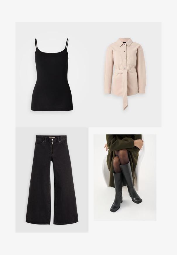 Light beige belted shirt with a collared neckline, front button closure, two chest pockets, and long sleeves. Smooth texture, minimalist design.; Black camisole top with thin adjustable straps, smooth stretch fabric, and a fitted silhouette. No patterns or embellishments.; Wide-leg jeans in black denim with a zippered front, five-pocket design, and subtle stitching details. Smooth texture and casual style.; Knee-high black leather boots with a squared toe and block heel, shown with a model seated in an olive green coat. Smooth texture, minimal detailing.