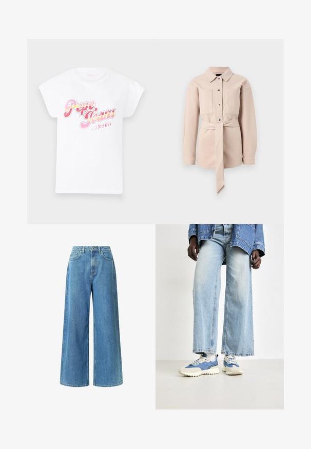 Svetlo bež srajca s pasom in ovratnikom, sprednje zapiranje na gumb, dva žepa na prsih in dolgi rokavi. Gladka tekstura, minimalistična zasnova.; Bela bomba majica iz bombaža s kratkimi, zavihanimi rokavi, ki vsebuje grafični tisk v večbarvni različici "Pepe Jeans London" v rožnatih in oranžnih odtenkih.; Široki kavbojke iz svetlo modrega denima, z visokim pasom, dvema sprednjima žepoma, sponkami za pas in diskretnim teksturiranim vzorcem.; Modre kavbojke širokega kroja v kombinaciji z modrimi in kremnimi supergami z teksturirano tkanino in vezalkami, postavljene na nevtralni ozadju.