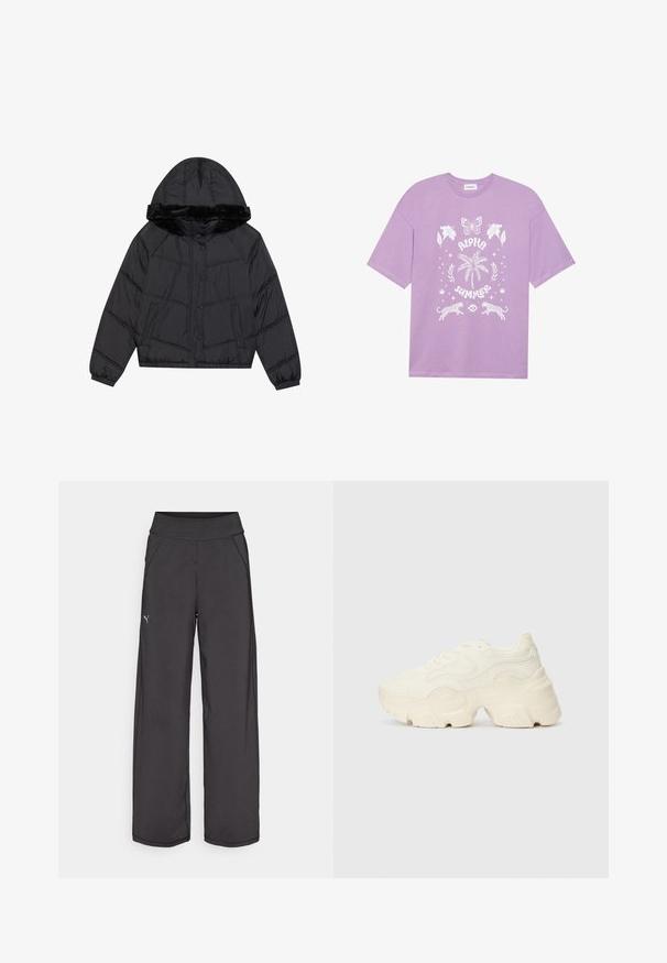 Black puffer jacket with a hood and faux fur trim, featuring a quilted design, two side pockets, and snap-button closures.; Lavender short-sleeve T-shirt featuring white graphic print of a butterfly, palm tree, leopards, and the text "ALPHA SUMMER." Smooth texture.; Black athletic pants with a wide waistband, side pockets, and flat seams. Features a small logo on the left leg. Made from smooth, stretchy fabric.; Chunky white sneakers made of textured mesh and synthetic materials, featuring a thick sole and intricate pattern details along the sides.