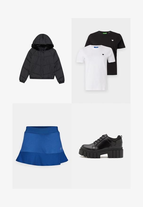 Melna pūkām piederoša jaka ar kapuci un mākslīgo kažokādu, kas raksturota ar quilted dizainu, divām sānu kabatām un spiedpogām.; Divas kokvilnas t-kreklus: viens melns ar baltu sirds logotipu, otrs balts ar melnu sirds logotipu. Abi ir ar klasisku apaļu kaklu un īsām piedurknēm.; Zila sporta svārki ar pieguļošu jostu un platu apakšmalu. Izgatavoti no gludas, vieglas auduma ar delikātu logo detaļu.; Melnas ādas platformas kurpes ar masīvu bloku papēdi, apaļu purngalu un tradicionālu saistīšanas dizainu. Izceļas ar gludu tekstūru un minimālu apdari.