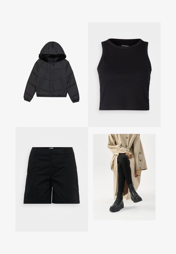 Giacca a vento nera con cappuccio e rifiniture in pelliccia sintetica, caratterizzata da un design trapuntato, due tasche laterali e chiusure con bottoni a pressione.; Top corto a costine nero con scollatura rotonda e design senza maniche. Realizzato in tessuto morbido ed elastico, presenta bordi rifiniti con cura.; Pantaloni corti neri in cotone con taglio dritto, dotati di vita, tasche anteriori e design minimale. Texture liscia e nessun motivo visibile.; Stivaletti neri in pelle con dettagli alla allacciatura, suola rialzata, e leggings neri texture, indossati con un trench coat beige chiaro.