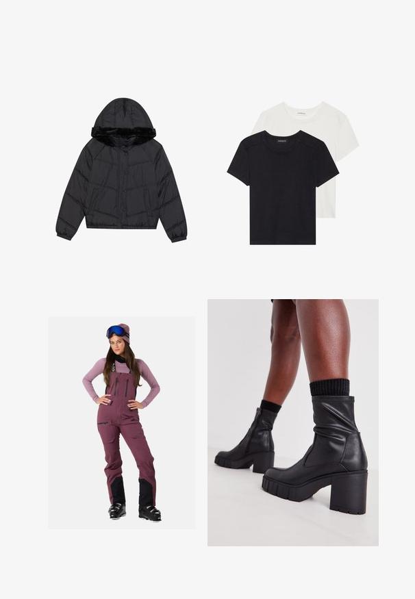 Sort pufferjakke med hætte og kunstpelskant, med en quilted design, to sidelommer og trykknaplukninger.; To kortærmede T-shirts i sort og hvid. Lavet af blød bomuld, med rund halsudskæring og standard pasform med minimal syning.; Maronfarvet skijakke med sorte detaljer, justerbare stropper, flere lynlåslommer, parret med en lyslilla langærmet skjorte og skibriller.; Sorte læder ankelstøvler med et slouchy design, tykkelhøj hæl og tekstureret gummisål. Har en lynlås lukning på siden.