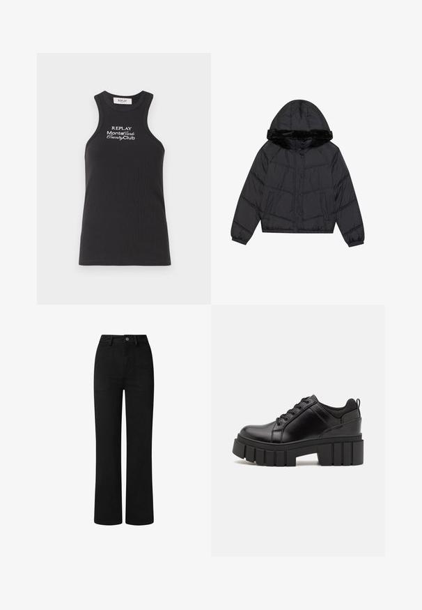 Giacca a vento nera con cappuccio e rifiniture in pelliccia sintetica, caratterizzata da un design trapuntato, due tasche laterali e chiusure con bottoni a pressione.; Top in tessuto a costine nero con scollatura alta e design racerback. Presenta una scritta ricamata bianca: "REPLAY MonteCarlo CountryClub".; Pantaloni neri a vita alta con design a gamba dritta, realizzati in morbido tessuto di cotone. Presentano tasche frontali e una semplice chiusura con bottone in metallo.; Scarpe platform in pelle nera con tacco a blocco robusto, punta rotonda e design tradizionale con lacci. Presentano una superficie liscia e dettagli minimi.
