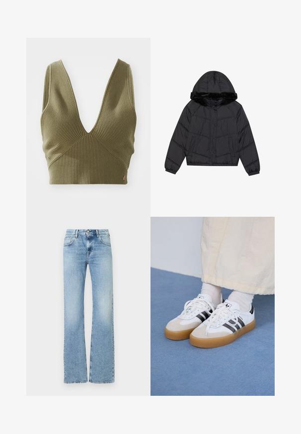 Schwarze Daunenjacke mit Kapuze und Kunstfellbesatz, mit gestepptem Design, zwei seitlichen Taschen und Druckknopfverschlüssen.; Olivgrünes geripptes Cropped-Top mit tiefem V-Ausschnitt und horizontaler Struktur. Verfügt über ein kleines Markenakzent unten rechts.; Helleblaue hochtaillierte Jeans mit leichten Verwaschungen, Frontknopf, Reißverschluss, und Fünf-Taschen-Design, gerade geschnitten.; Weiße Sneaker mit schwarzen Streifen und beigen Wildlederakzenten. Besitzen eine strukturierte Gummisohle und flache weiße Schnürsenkel, getragen mit hellen Socken.