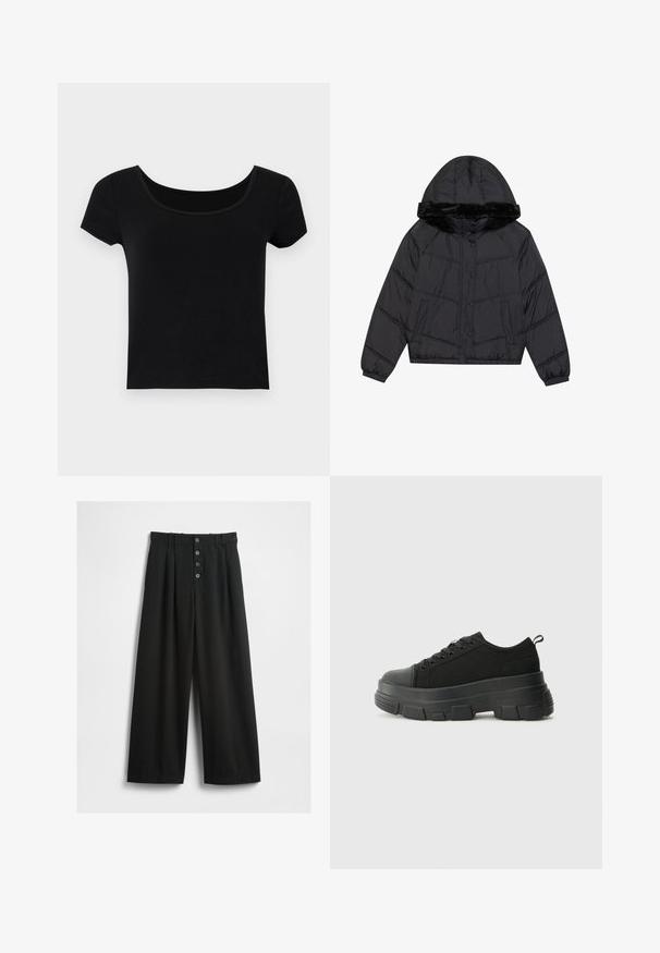 Czarna kurtka puchowa z kapturem i sztucznym futerkiem, z pikowanym wzorem, dwiema bocznymi kieszeniami oraz zapięciami na napy.; Czarna koszulka z krótkim rękawem o szerokim dekolcie w serek, wykonana z miękkiej i elastycznej tkaniny, o dopasowanym kroju i bez dodatkowych wzorów.; Szerokie czarne spodnie wykonane z teksturowanej tkaniny. Posiadają wysoki stan, zapięcie na pięć guzików z przodu oraz prasowane fałdy dla dodatkowego detalu.; Czarne sneakersy z masywną gumową podeszwą, teksturowaną górną częścią, okrągłym noskiem i sznurowanym zapięciem. Posiadają wzmocnione oczka i pętelkę z tyłu.