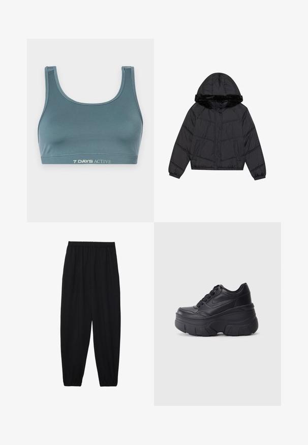 Melna pūkām piederoša jaka ar kapuci un mākslīgo kažokādu, kas raksturota ar quilted dizainu, divām sānu kabatām un spiedpogām.; Sporta krūšturis tumši zila krāsā, izgatavots no mīksta, elastīga materiāla. Tam ir apaļa kakla izgriezne un elastīga lente ar uzrakstu "7 DAYS ACTIVE" gaišā krāsā.; Melnas, vieglas bikses ar elastīgu jostu un savilktiem potītiem. Audums ir gluds un to raksturo brīva, sašaurināta forma.; Melni šņorējami sporta apavi ar biezu zoli, ar gludu ādas augšdaļu, noapaļotu purngalu un izteiktu slāņveida platformas dizainu.