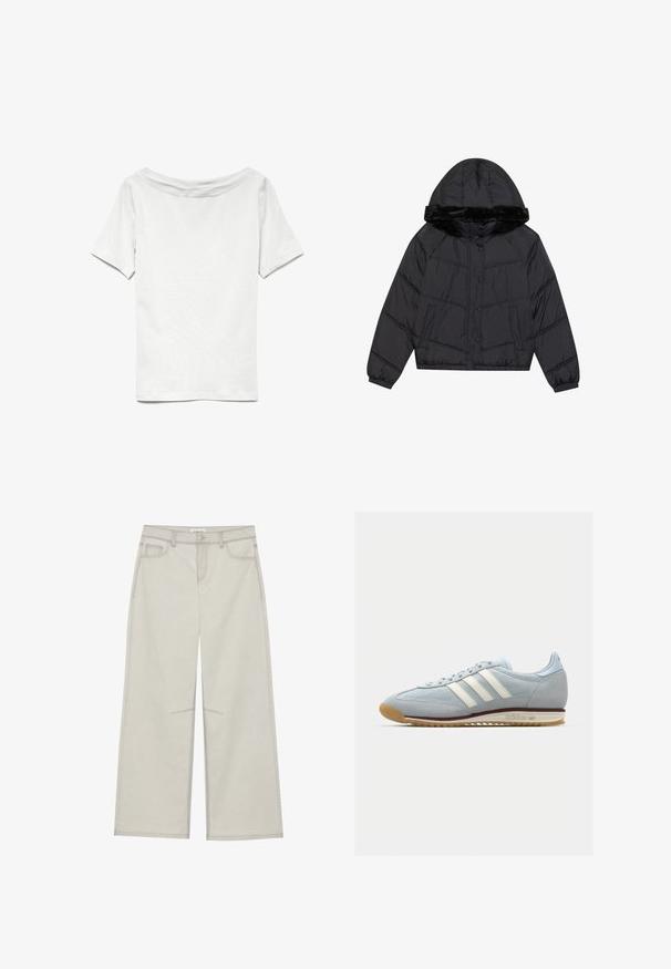 Svart pufferjakke med hette og kunstpelsdetaljer, med en quiltet design, to sidelommer og trykknapplukking.; Hvit t-skjorte med korte ermer, bred utringning og avslappet passform. Laget av myk bomullsstoff, med jevn tekstur og enkelt design.; Lys grå vide bukser med fem lommer, frontknaplukning og kontrastsying langs sømmene. Stoffet ser blødt og holdbart ud.; Lys blå semsket sneakers med hvite tre striper, gummisåle og teksturert mesh. Har en jevn tåhette og merkevare på hælen.
