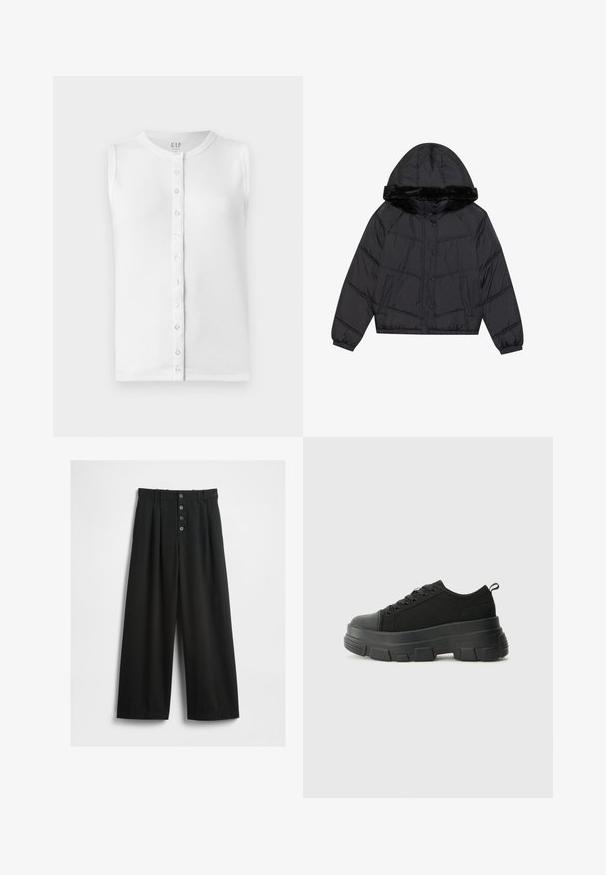 Mustapuffatakki, jossa on huppu ja tekoturkista, sisältäen tikatun muotoilun, kaksi sivupokkaa ja napitus.; Valkoinen hihaton toppi, joka on valmistettu ribbikankaasta. Tässä on pyöreä kaula-aukko ja napitettava etuosa kirkkailla napeilla.; Leveled mustat housut, jotka on valmistettu teksturoidusta kankaasta. Ominaisuuksiin kuuluu korkea vyötärö, viiden napin etukiinnitys ja puristettu taitteet lisäyksinä yksityiskohtina.; Mustat urheilukengät, joissa on paksu kumipohja, teksturoitu kangasvarsi, pyöreä kärki ja nauhalukitus. Varusteena vahvistetut nauhareiät ja takana vetotanko.