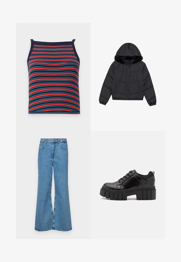 Musthave musta puffjakker, millel on kapuuts ja vale karusnaha ääris, ruuduline disain, kaks küljetaskut ja nupuga sulgemine.; Ribaline rihmavärgiga triibuline tank top, kus on punased, sinised ja tumesinised horisontaalsed triibud, ribakujuline tekstuur ja ilma varrukateta disain.; Heledad sinine flared teksade rõivad, millel on kõrge talje, viis taskut ja üks nupulukk. Pehme tekstuur ja pleekinud viimistlus.; Must musta platvormsussid paksu plokkninal, ümmarguse varbaga ja traditsioonilise nööridega kinnitamisega. Sussid on sileda tekstuuriga ja minimaalsete detailidega.