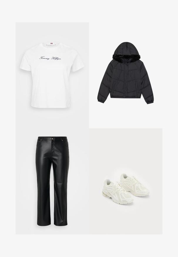 Black puffer jacket with a hood and faux fur trim, featuring a quilted design, two side pockets, and snap-button closures.; White cotton t-shirt with short sleeves, featuring a navy blue embroidered "Tommy Hilfiger" logo on the front. Round crew neckline.; Black faux leather pants with a straight cut, featuring belt loops, front pockets, and a zip fly with a button closure. Smooth texture.; White athletic shoes with mesh and synthetic materials, lace-up design, padded collar, and textured sole for grip. Lightweight construction.