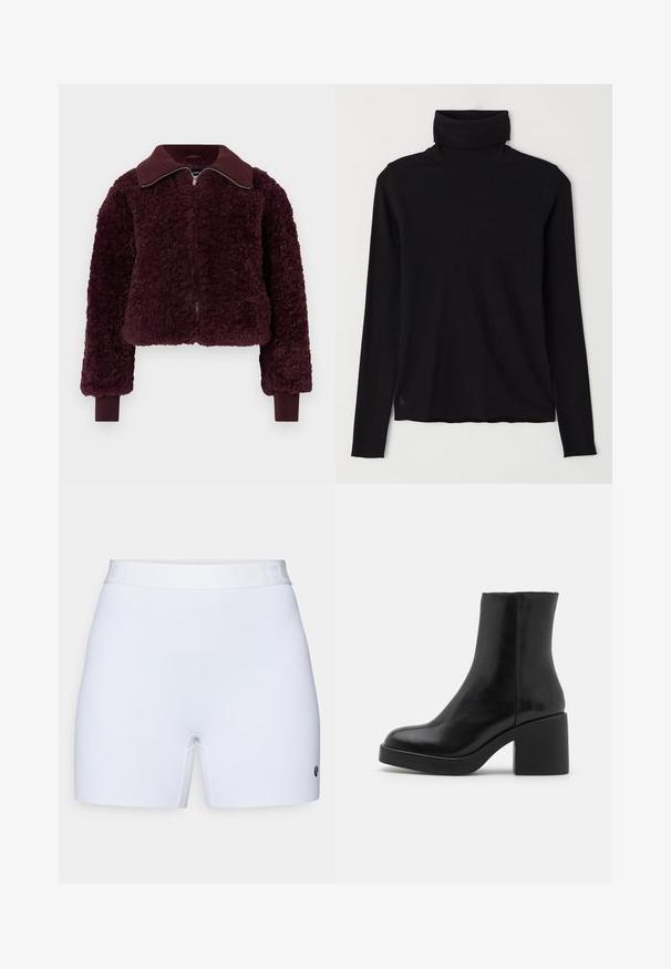 Mīksta, dziļi bordo krāsas, zip-up jakas ar ribotām apkaklēm un piekaklām, teksturēta vilnas auduma un garām piedurknēm.; Melnā augsto apkakliņu džemperis, izgatavots no ribota auduma. Garas piedurknes, cieši piegulošs dizains un nedaudz brīvs apakšmala bez redzamām rakstu vai detaļām.; Baltas šorts ar gludu, elastīgu audumu. Aprīkots ar vienkrāsainu jostas maliņu ar reljeftekstūru un nelielu logo apakšējā pusē.; Melnas ādas potīšu zābaki ar noapaļotu purngalu un masīlu bloku papēdi. Gluda tekstūra, minimāls dizains un nav redzamu aparatūras vai akcentu.