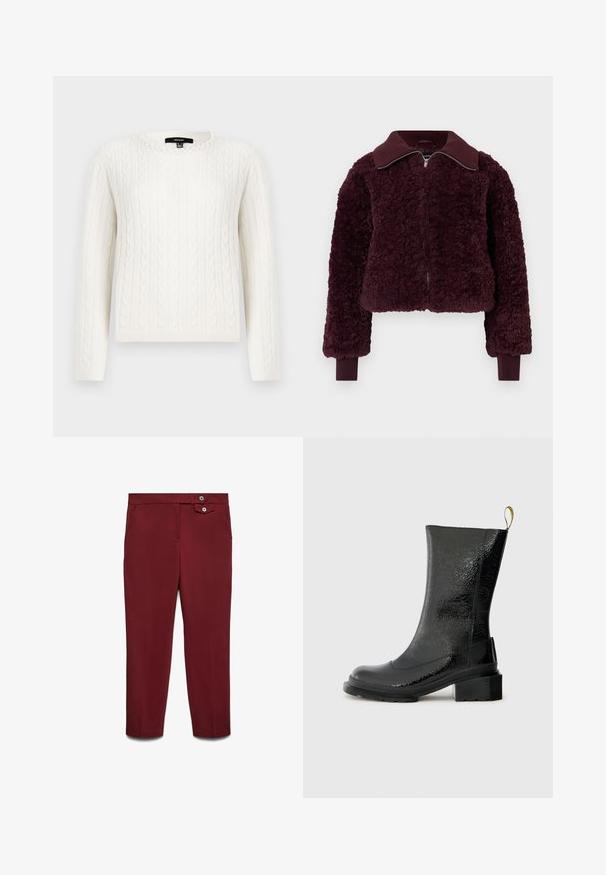 Plišani temnocrveni dukserica na zip s rebrastim ovratnikom i manžetama, teksturirana flis tkanina i duge rukave.; Bijela pletiva s uzorkom, dugih rukava, okruglog izreza, s ukrasnim bisernim detaljem na ovratniku. Mekana tekstura i prilagođeni dizajn.; Smaragdno crvene hlače slim kroja s bočnim džepovima i dvostrukim dugmetom za zatvaranje na struku, izrađene od glatkog materijala.; Crna gležnjača izrađena od sjajnog, teksturiranog materijala. Ima čvrst potpeticu i traku za povlačenje na stražnjem dijelu za lakše oblačenje.