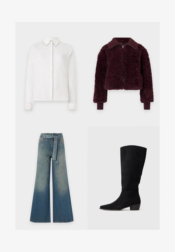Pluche diep bordeaux rood ritsjack met ribgebreide kraag en manchetten, gestructureerde fleece stof en lange mouwen.; Witte blouse met lange mouwen, een puntige kraag en contrasterende rand langs de randen, met knopen aan de voorkant. Eenvoudig en elegant ontwerp.; Wijduitlopende denim broek met een lichte naar donkere blauwe gradient, hoge taille, riemlussen en een bijpassende stoffen riem. Gestructureerde denimafwerking.; Zwarte suede kniehoge laars met een lage blokhak en een spitse neus, weergegeven in zijaanzicht op een effen lichtgrijze achtergrond.