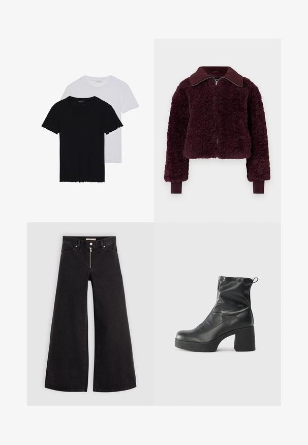 Minkštas tamsiai raudonas užtrauktukas striukė su raukinėta apykakle ir rankogaliais, tekstūruota fliso medžiaga ir ilgomis rankovėmis.; Even&Odd 2 PACK - Paprasti marškinėliai - black/white; Plačios kojų džinsai iš juodo džinsinio audinio su užtrauktuku priekyje, penkių kišenių dizainu ir subtiliais siuvinėjimo akcentais. Lygus paviršius ir laisvalaikio stilius.; Juodos kulkšninių botai, pagaminti iš lygaus odos, su šoniniu užtrauktuku, masyviu tekstūruotu kulnu ir apvaliu pirštu.