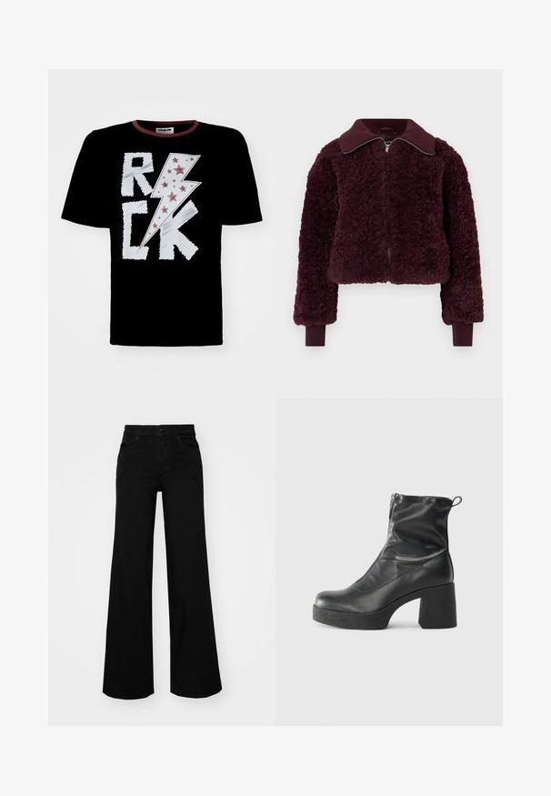 Pehmeast sügava burgundia värvi lukuga jakk, ribakrae ja mansettidega, tekstuuriga fliiskangast ja pikkade varrukatega.; Musta T-särk, millel on valge ja punane välgu mustri disain koos "ROCK" tekstiga, kaunistatud punaste tähtedega. Ümmargune kaelus kontrastse äärega.; Mustad mustad püksid, mis on valmistatud denimist, struktuurse vöökohtade, vöökootidega ja esikottidega. Sile tekstuur klassikalise disainiga.; Mustad mustad ansapüksid, mis on valmistatud siledast nahast, külje zipperiga, paksu tekstuuriga kontsaga ja ümmarguse nina disainiga.