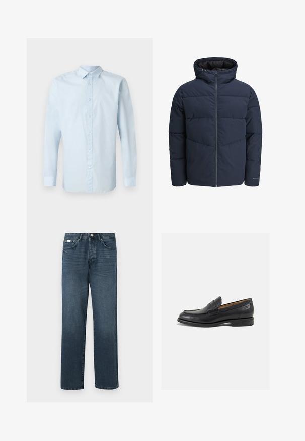 Námořnická puffer bunda s kapucí, zipem vpředu a šikmým švem. Vyrobena z texturované látky s elastickými manžetami a detailem loga.; Námořnický modrý pletený svetr s dlouhými rukávy, kulatým výstřihem a ribbovanými manžetami a lemem. Má malé logo na hrudi.; Svetle modrá košile s dlouhým rukávem vyrobená z hladké tkaniny, s zapínáním na knoflíky vpředu, standardním límcem a knoflíkovými manžetami.; Tmavě modré džínové kalhoty se straight fit, pěti kapsami, poutky na opasek a zipovým zapínáním. Hladká textura s jemnými detaily vyblednutí.; Černé kožené mokasíny s hladkým povrchem, zaoblenou špičkou a dekorativním prošíváním na svršku. Nízký podpatka a mírný lesk.