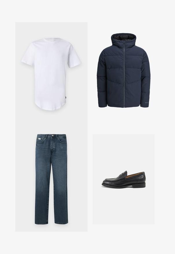 Námořnická puffer bunda s kapucí, zipem vpředu a šikmým švem. Vyrobena z texturované látky s elastickými manžetami a detailem loga.; Námořnický modrý pletený svetr s dlouhými rukávy, kulatým výstřihem a ribbovanými manžetami a lemem. Má malé logo na hrudi.; Bílý tričko s krátkým rukávem vyrobené z bavlny. Kulatý výstřih s křivkovým lemem. Štítek viditelný na dolní levé straně. Hladká textura.; Tmavě modré džínové kalhoty se straight fit, pěti kapsami, poutky na opasek a zipovým zapínáním. Hladká textura s jemnými detaily vyblednutí.; Černé kožené mokasíny s hladkým povrchem, zaoblenou špičkou a dekorativním prošíváním na svršku. Nízký podpatka a mírný lesk.