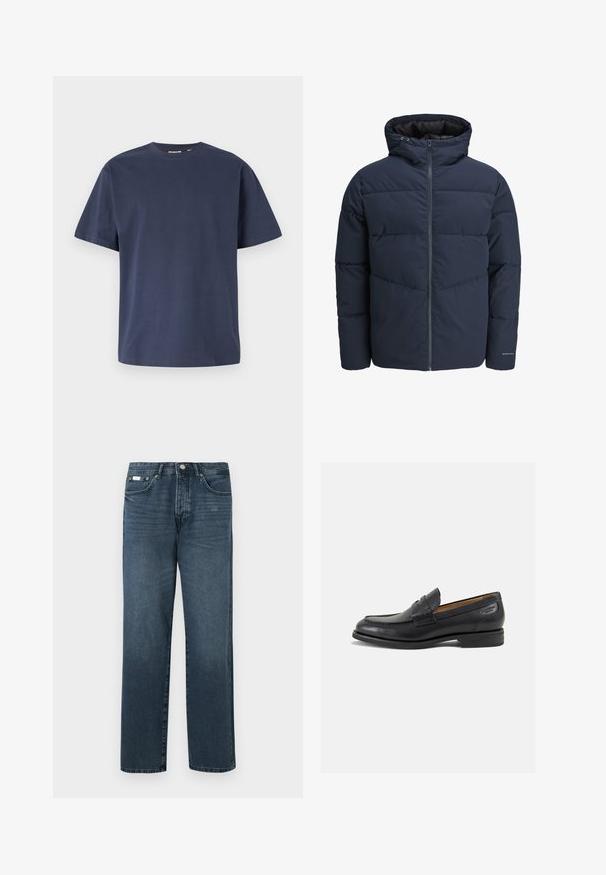 Navy puffer jacket with a hood, zip front, and chevron stitching pattern. Made from textured fabric with elastic cuffs and a logo detail.; Navy blue knitted sweater with long sleeves, crew neckline, and ribbed cuffs and hem. Features a small logo on the chest.; Navy blue cotton t-shirt with a round neckline and short sleeves. Smooth texture, straight cut, and minimal seams, providing a classic design.; Dark blue denim jeans with a straight fit, five pockets, belt loops, and a zipper fly. Smooth texture with subtle fading details.; Black leather loafers with a smooth finish, rounded toe, and decorative stitching on the vamp. Low stacked heel and slight shine.