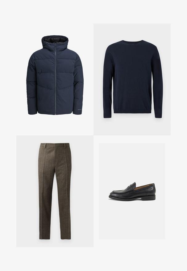 Sötétkék puffajacket kapucnival, cipzáros elülső résszel és chevron mintázattal. Texturált anyagból készült, rugalmas mandzsettákkal és logórészlettel.; Sötétkék kötött pulóver hosszú ujjal, kerek nyakkal, bordázott mandzsettával és szegéllyel. Kicsi logó található a mellkason.; A kockás barna nadrág egyenes szabású, elülső redőkkel és övpántokkal rendelkezik. Texturált anyagból készült, vékony csíkozással.; Fekete bőr loaferek sima felülettel, lekerekített orral és díszítő varrással a lábfejen. Alacsony, réteges sarkú és enyhe fényű.