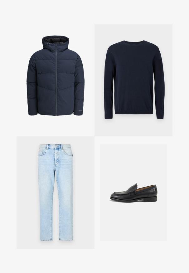 Tumesinine puhvpusa, millel on kapuuts, lukuga ees ja chevroni tikandi muster. Valmistatud tekstuursetest kangast, millel on elastsed mansetid ja logodetail.; Tumedat sinise värvi kootud sviiter pikkade varrukatega, ringkaelusega ning ribidega mansettide ja alläärega. Ees on väike logo.; Heledad sinine denimpüksid otse jalgade disainiga, pleekinud tekstuuriga ja traditsioonilise viie tasku stiiliga. Ees lukk ja nupuga kinnitatud.; Mustad mustad nahast loafers, sujuva viimistlusega, ümar sirge ja dekoratiivne tikand peal. Madal ja kergelt kuhjatud konts ning kerge läige.