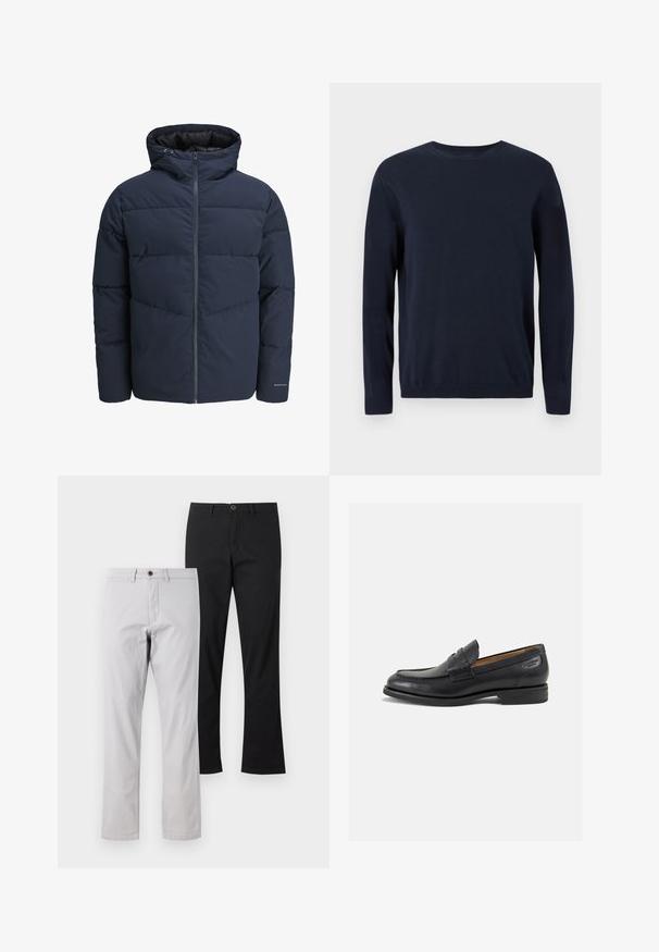 Tamsiai mėlynas pūkinis švarkas su gaubtu, užtrauktuku priekyje ir chevrono raštu. Pagamintas iš tekstūruotos medžiagos su elastinėmis rankovėmis ir logotipo detale.; Tamsiai mėlynas megztinis su ilgomis rankovėmis, apvaliu iškirpimu ir nusmukusiais rankogaliais bei apačia. Ant krūtinės yra mažas logotipas.; Du keturių tiesių kojų kelnių poros: vienos šviesiai pilkos su rudais sagomis ir vienos solidžiai juodos. Abi turi lygią medvilnės tekstūrą.; Juodi odiniai loafersai su lygiu paviršiumi, apvaliu pirštu ir dekoratyvine siūlė viršuje. Žemas sustiprintas kulnas ir lengvas blizgesys.