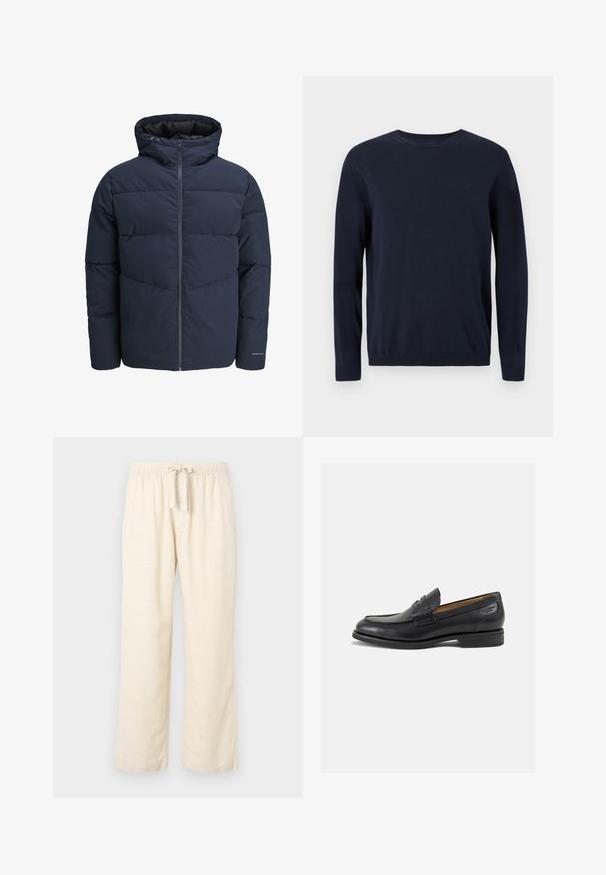 Navy puffer jacket with a hood, zip front, and chevron stitching pattern. Made from textured fabric with elastic cuffs and a logo detail.; Navy blue knitted sweater with long sleeves, crew neckline, and ribbed cuffs and hem. Features a small logo on the chest.; Linen blend wide-leg pants in off-white, featuring an elastic waistband with a drawstring. Smooth texture and full-length design.; Black leather loafers with a smooth finish, rounded toe, and decorative stitching on the vamp. Low stacked heel and slight shine.