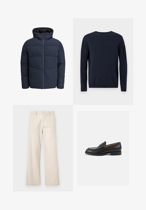 Veste en duvet navy avec capuche, fermeture éclair à l'avant et motif de piqûre en chevrons. Fabriquée en tissu texturé avec des poignets élastiques et un détail de logo.; Pull en maille bleu marine à manches longues, col rond, avec des poignets et un ourlet côtelés. Présente un petit logo sur la poitrine.; Pantalons larges beiges en tissu léger, dotés d'une fermeture à bouton et de poches avant, avec une finition lisse et sans texture.; Mocassins en cuir noir avec une finition lisse, bout rond et coutures décoratives sur la tige. Talon bas empilé et léger brillant.