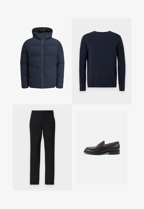 Meripihkalaavun takki hupulla, vetoketjulla ja chevron-niittykuviolla. Valmistettu teksturoidusta kankaasta, jossa on joustavat hihansuut ja logoyksityiskohta.; Tummansininen neulepaita, jossa on pitkät hihat, pyöreä kaula-aukko sekä ribbaus hihansuissa ja helmassa. Paitaa koristaa pieni logo rinnassa.; Musta housut, jotka on valmistettu sileästä kankaasta, suoranlahkeiset, napillinen sulku ja vyölenkit. Ilman näkyviä kuvioita tai aksentteja.; Mustat nahkaloaferit, joissa on sileä pinta, pyöreä varvas ja koristeompeleet varpaansuojassa. Matala pinottu korko ja hieno kiilto.