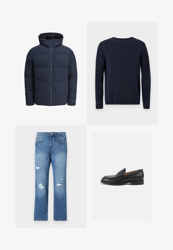 Jūras spēku stila pūkains džemperis ar kapuci, ar rāvējslēdzēju priekšpusē un ķevrona šuvju rakstu. Izgatavots no teksturēta auduma, ar elastīgām aprocēm un logotipa detalizāciju.; Tumši zila adīta džemperis ar garām piedurknēm, apaļu kakla izgriezumu un ribotiem piedurkņu galiem un apakšmalu. Uz krūtīm ir neliels logo.; Gai zilu džinsi ar regulāru piegriezumu, kas rotāti ar nolietotiem ielāpiem un saplēstiem malām. Ar pogas aizdari un piecu kabatu dizainu.; Melnas ādas loafers ar gludu apdari, noapaļotu purngalu un dekoratīvām šuvēm uz virsu. Zems, sakrauta papēža un neliels spīdums.